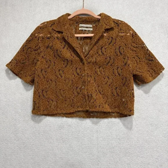 Urban Outfitters Shirt Womens Medium Brown Lace Cropped Button Short Sleeve - Picture 1 of 10